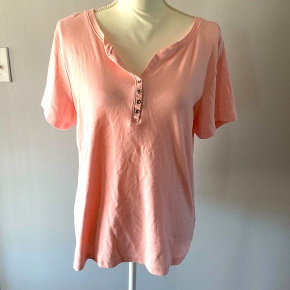 Karen Scott Peach Short Sleeve Henley Top Size L - Picture 2 of 6